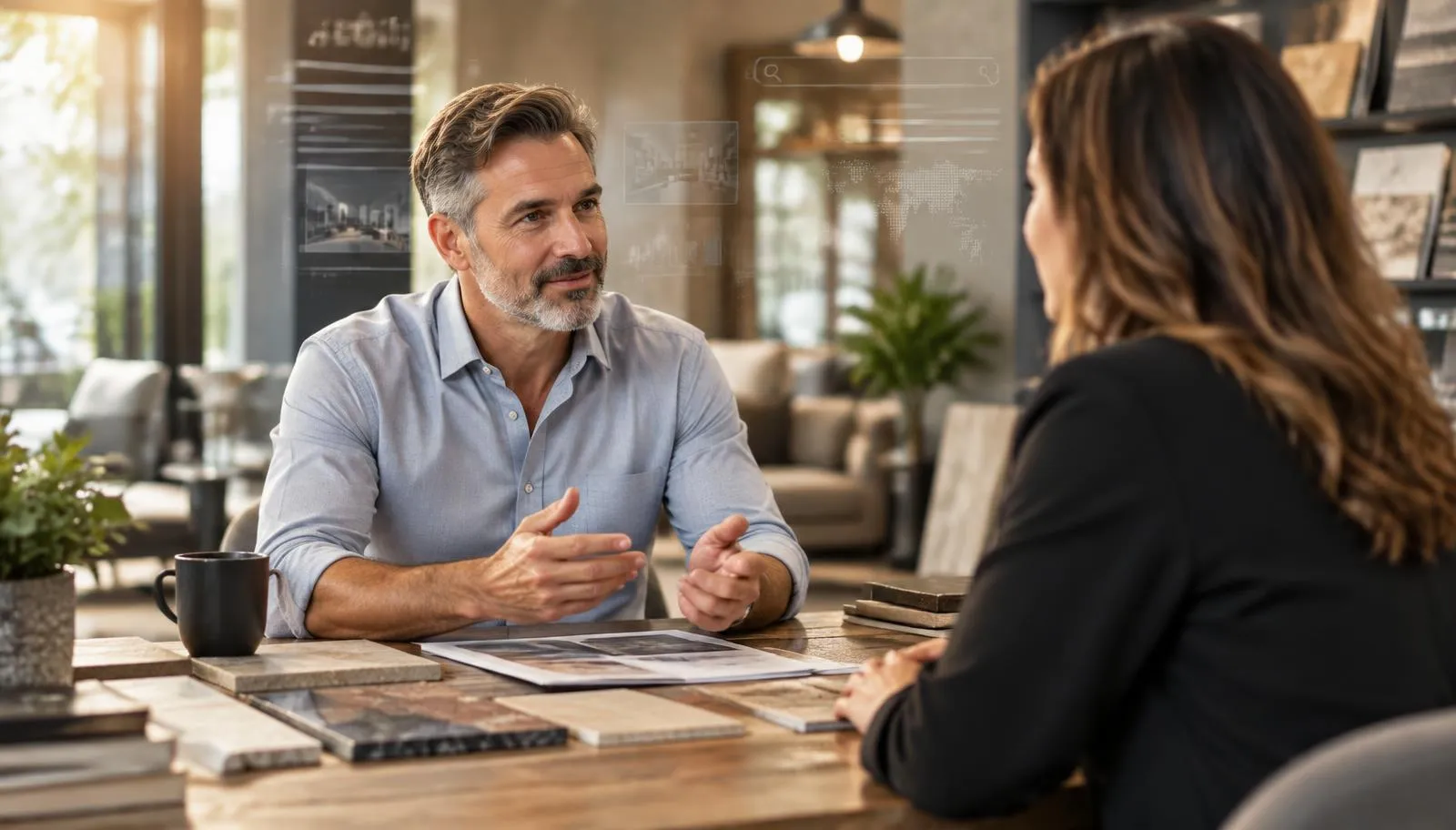 An experienced business owner talking face-to-face with a customer at a showroom table covered in material samples, with faint search and data patterns in the background