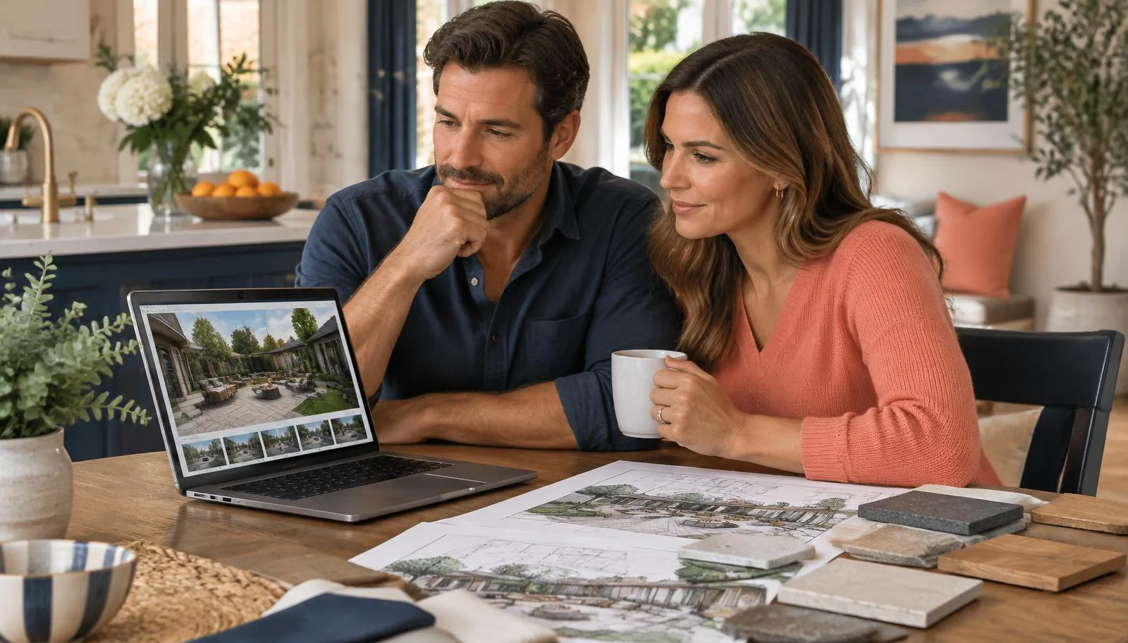 A homeowner couple at their kitchen table reviewing a contractor's website on a laptop beside backyard renovation sketches and material samples
